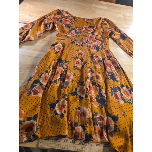 Free People Mustard Yellow Floral Long Sleeve Knee Length Dress Size 4 Elastic - Picture 15 of 15
